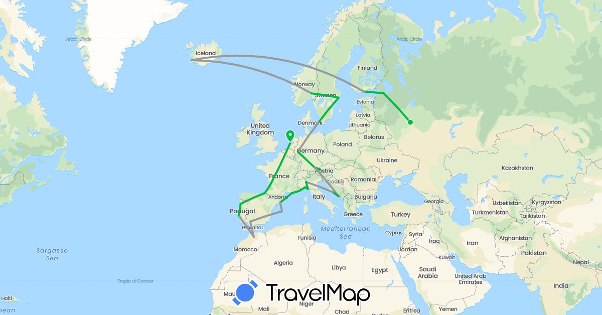 TravelMap itinerary: bus, plane in Austria, Germany, Denmark, Spain, Finland, France, Croatia, Iceland, Italy, Morocco, Monaco, Netherlands, Norway, Portugal, Russia, Sweden (Africa, Europe)